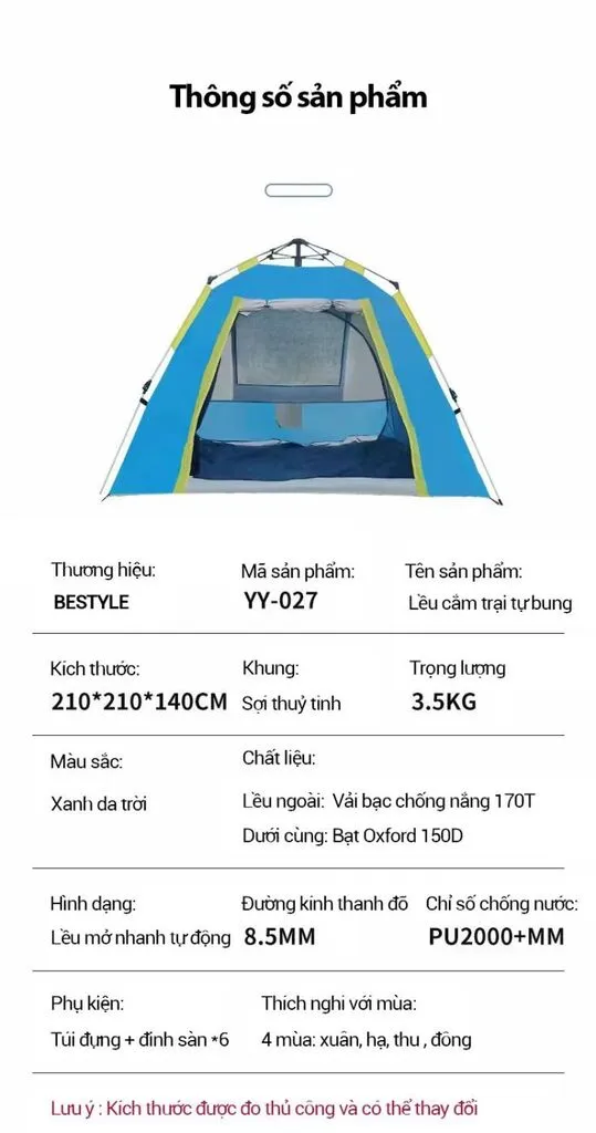 Lều Cắm trại dã ngoại, Camping tự bung, tự mở - BESTYLE - Ảnh 5