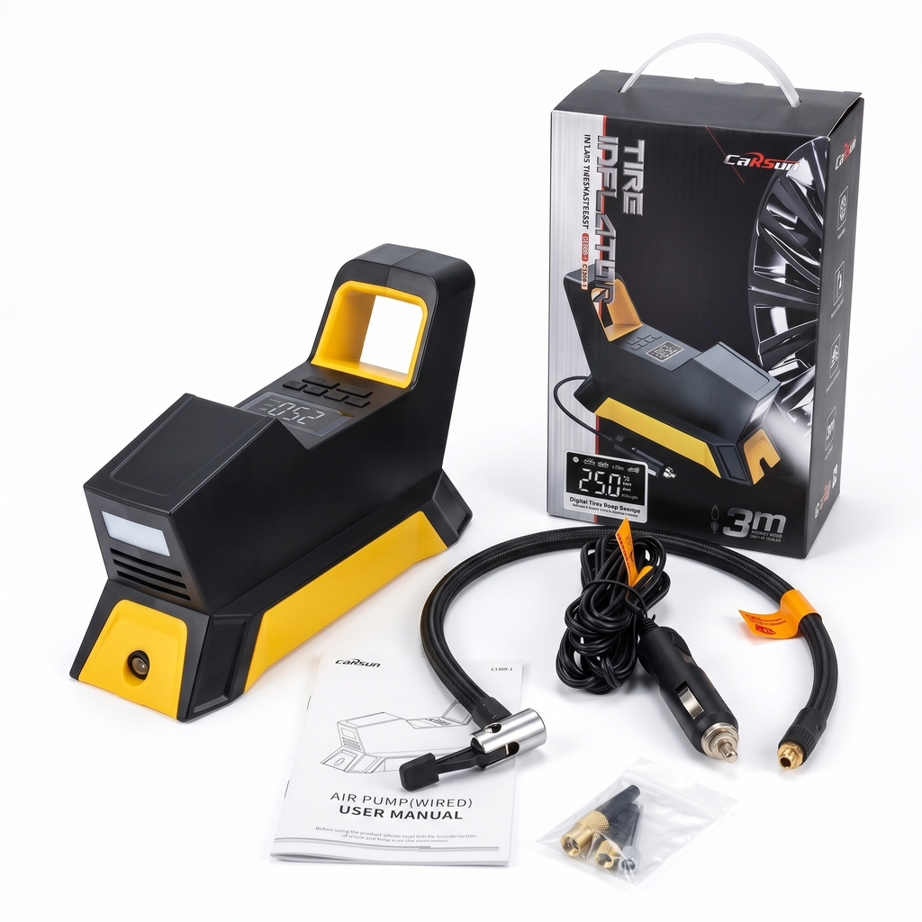 Máy bơm lốp xe hơi Hãng CARSUN , bơm điện oto 100W, có đèn pin ( Hàng Amazon Mỹ )
