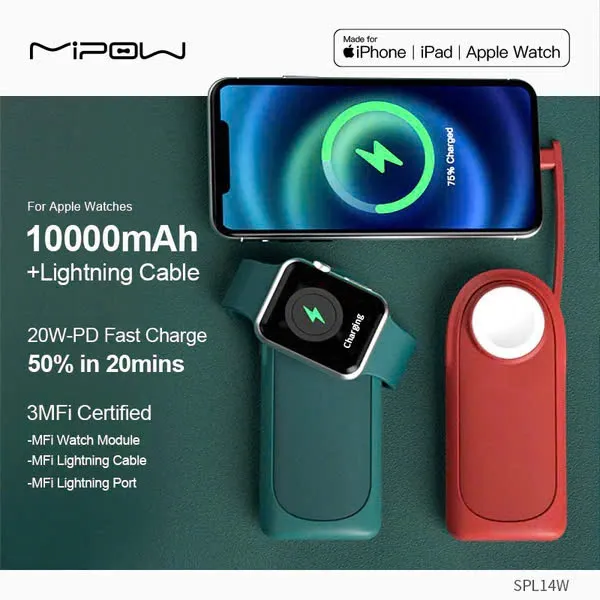 {Order giao 30/5}Pin dự phòng MiPOW Power Tube Pro 10000mAh có 3 MFI, sạc nhanh 20W, sạc Apple watch
