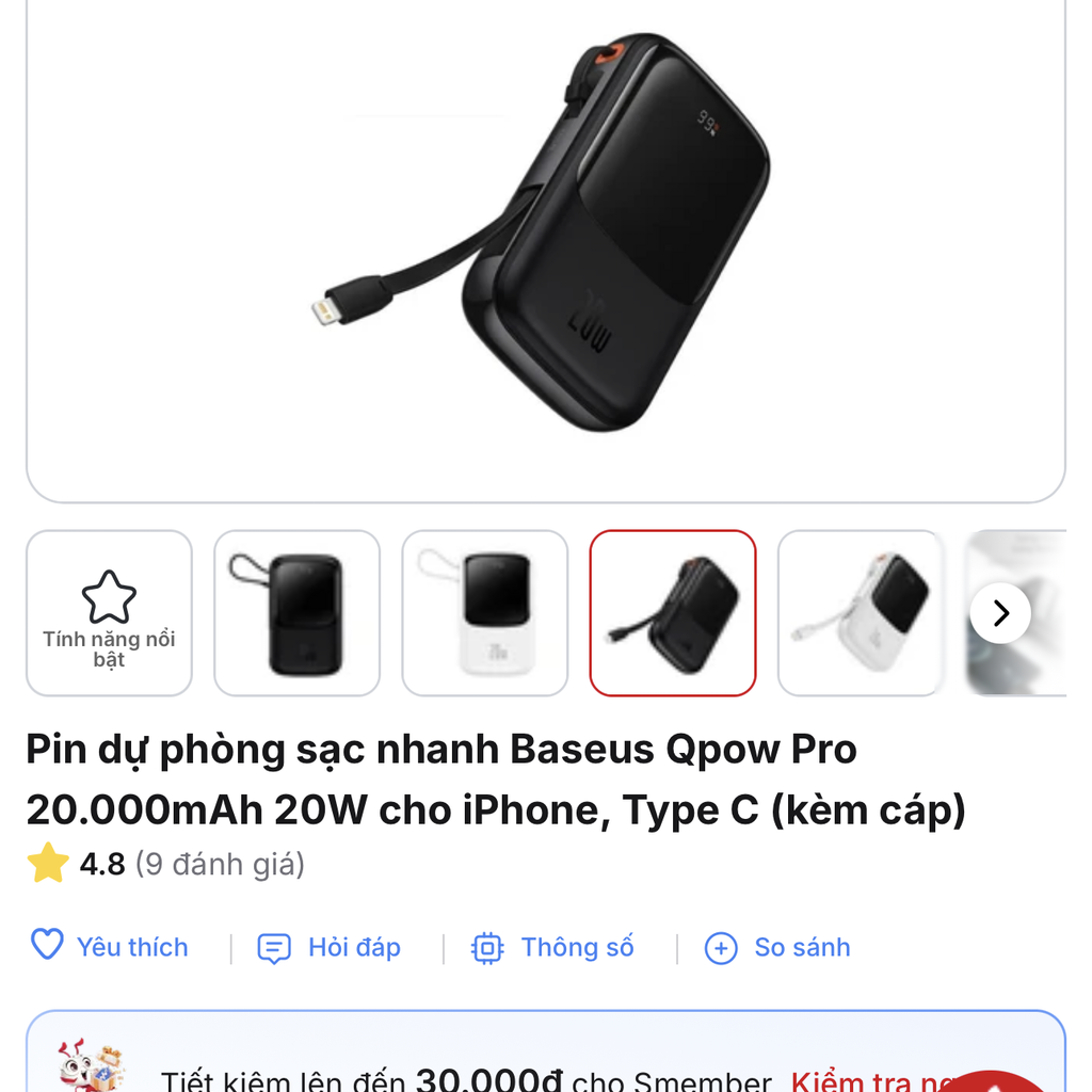 Pin dự phòng 20.000mAh Baseus Qpow Pro sạc nhanh 20W - liền cáp Lightning iPhone - Ảnh 2