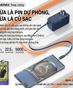 Pin dự phòng REMAX 5000mAh tích hợp củ sạc nhanh 22.5w – liền cáp sạc, cắm trực tiếp 220v - Ảnh 4