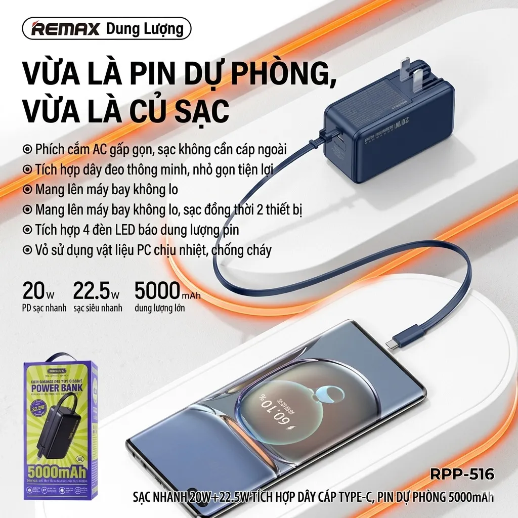 Pin dự phòng REMAX 5000mAh tích hợp củ sạc nhanh 22.5w – liền cáp sạc, cắm trực tiếp 220v - Ảnh 4