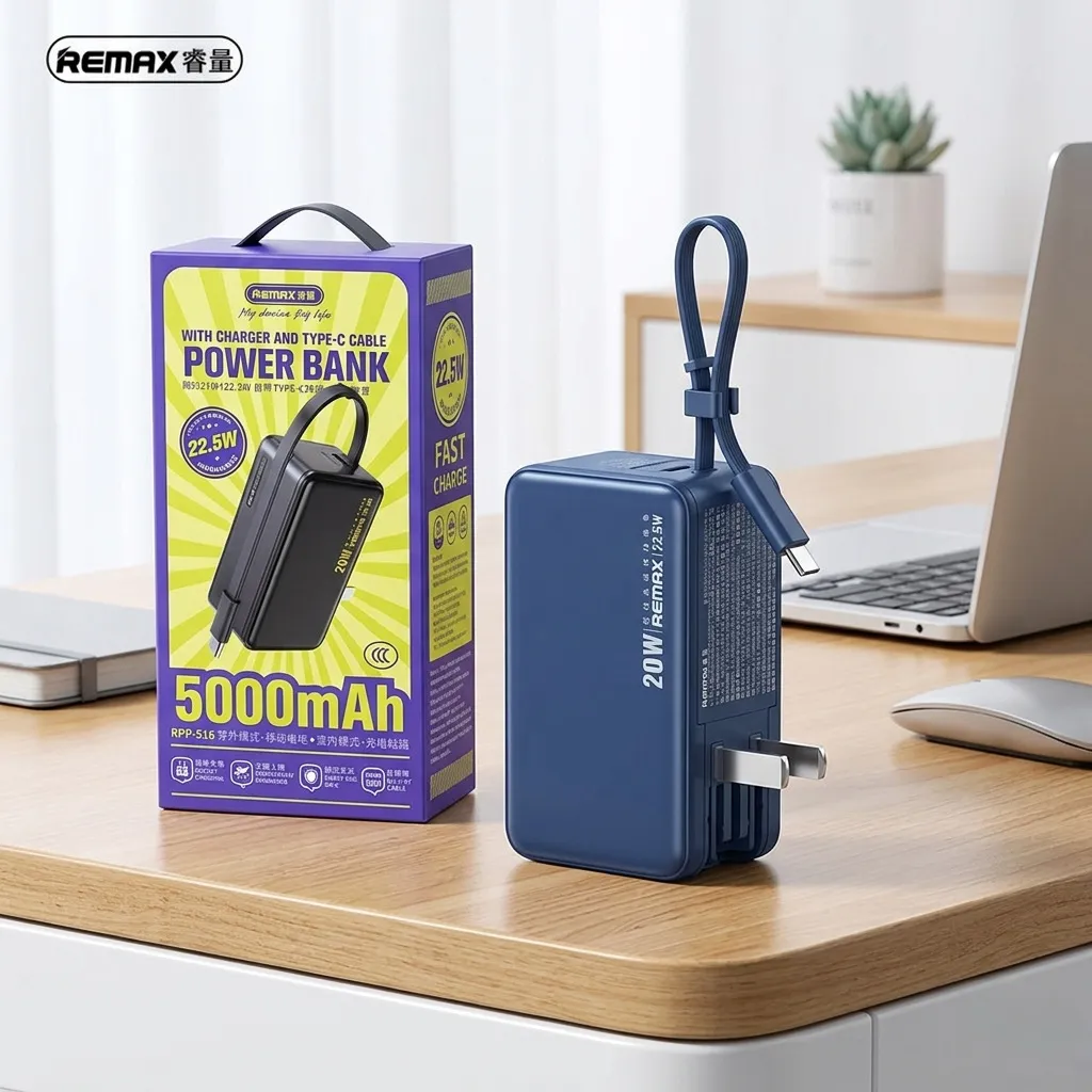 Pin dự phòng REMAX 5000mAh tích hợp củ sạc nhanh 22.5w – liền cáp sạc, cắm trực tiếp 220v