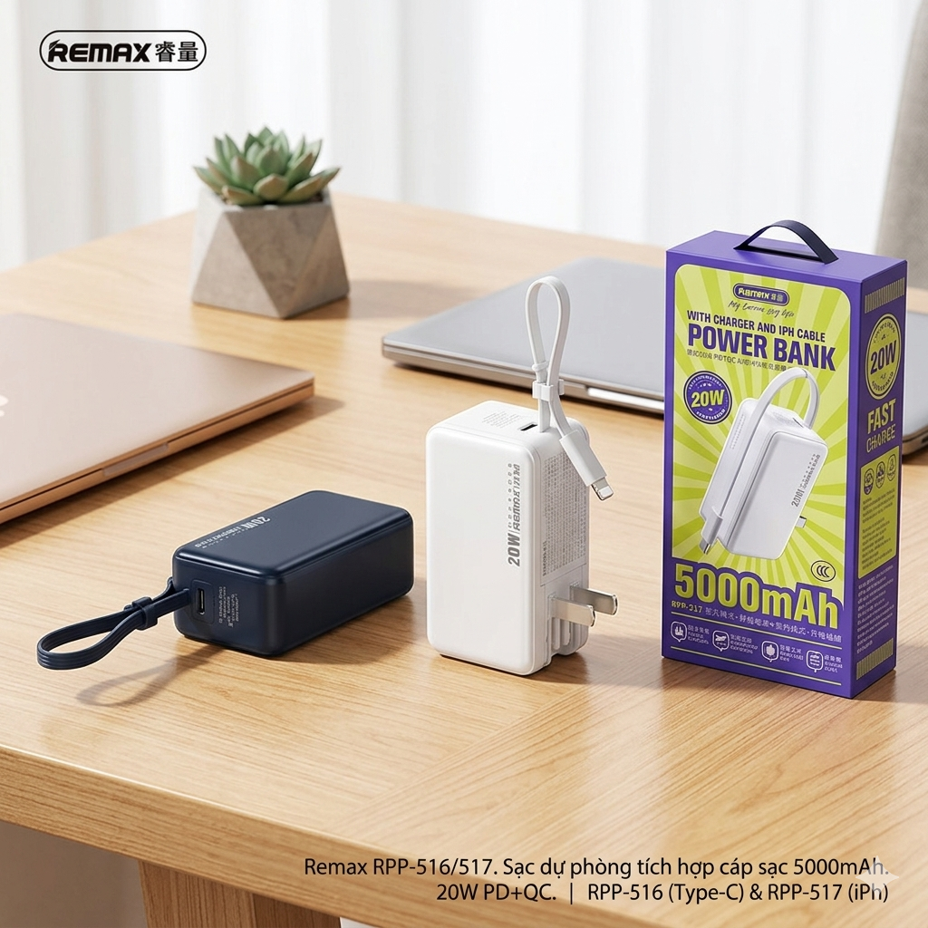 Pin dự phòng REMAX 5000mAh tích hợp củ sạc nhanh 22.5w – liền cáp sạc, cắm trực tiếp 220v - Ảnh 2